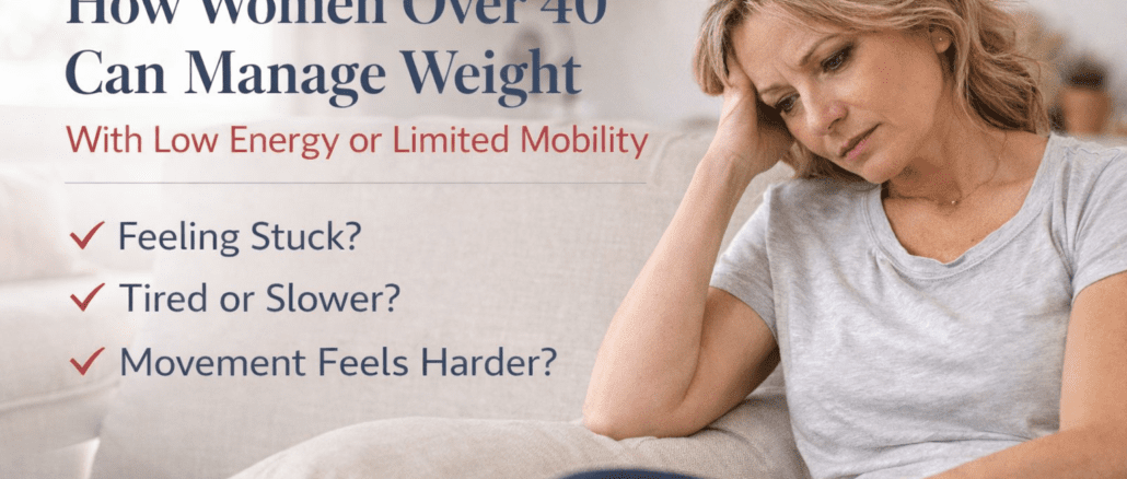 Woman over 40 feeling tired and struggling with low energy and weight management at home
