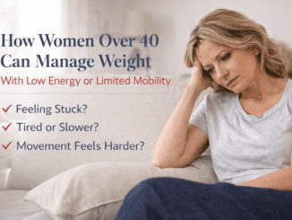 Woman over 40 feeling tired and struggling with low energy and weight management at home