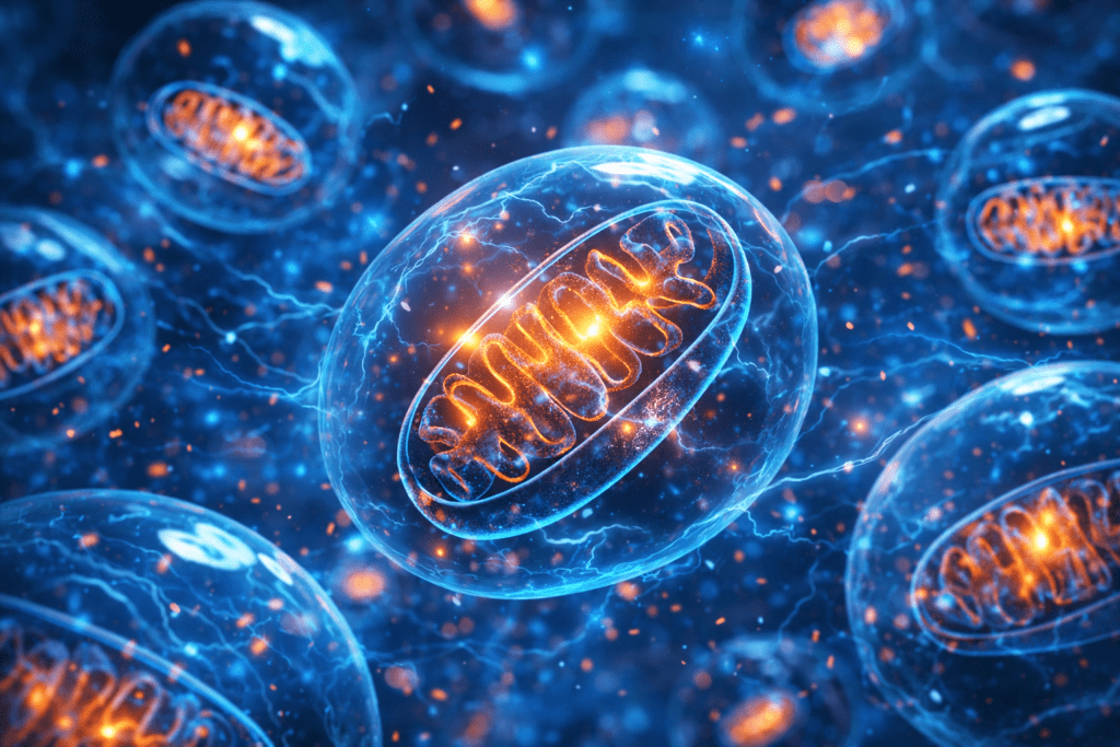 Detailed scientific illustration of mitochondria inside human cells glowing with blue and orange energy, microscopic view showing cellular energy production in a clean medical style