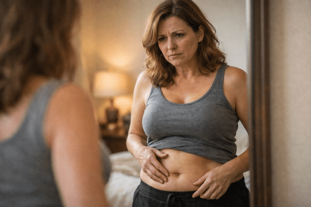 Realistic woman over 40 looking at her belly in the mirror with a concerned expression, subtle weight gain, soft natural lighting in a home bedroom setting, health and metabolism concept