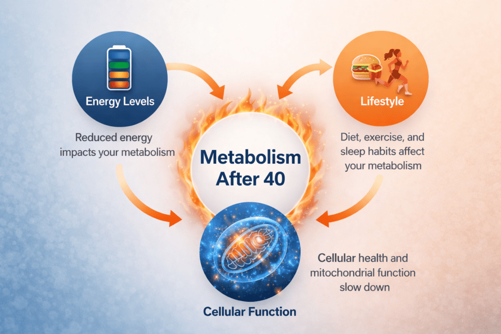Infographic showing how metabolism after 40 is influenced by energy levels, lifestyle habits, and cellular function including mitochondrial health