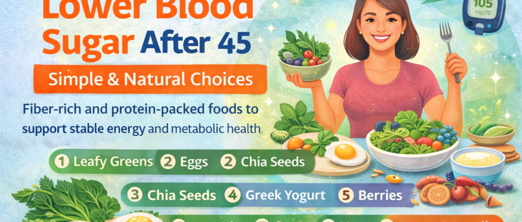 10 foods that help lower blood sugar after 45 including leafy greens eggs chia seeds greek yogurt and berries