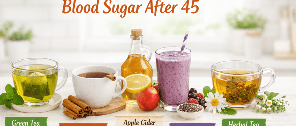 5 drinks that help lower blood sugar after 45 including green tea cinnamon tea apple cider vinegar protein smoothie and herbal tea