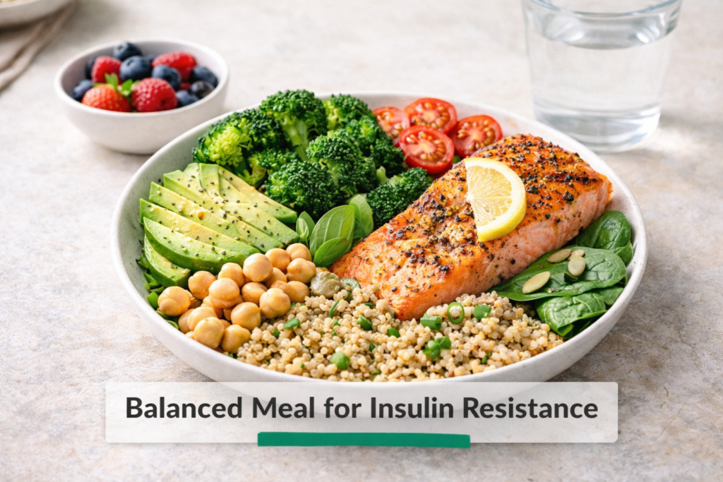 7 day insulin resistance meal plan for women over 40 balanced plate with salmon quinoa vegetables