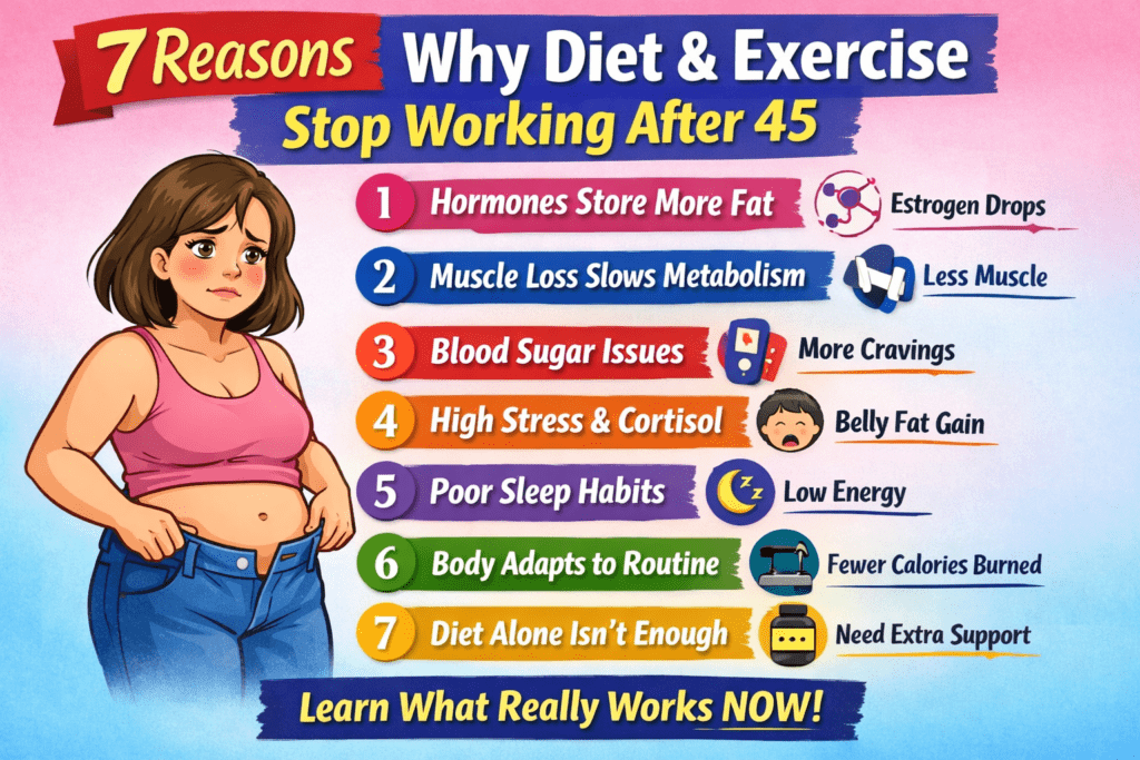7 reasons diet and exercise stop working after 45 infographic showing hormones, muscle loss, stress, sleep, and metabolism changes in women