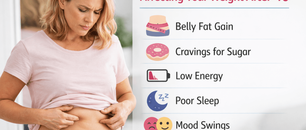 9 Signs Your Hormones Are Affecting Your Weight After 40 illustration showing belly fat gain, sugar cravings, fatigue, poor sleep, and mood swings in midlife women