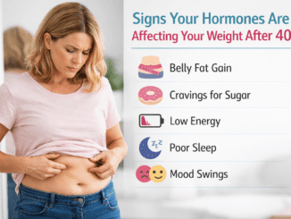 9 Signs Your Hormones Are Affecting Your Weight After 40 illustration showing belly fat gain, sugar cravings, fatigue, poor sleep, and mood swings in midlife women