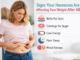 9 Signs Your Hormones Are Affecting Your Weight After 40 illustration showing belly fat gain, sugar cravings, fatigue, poor sleep, and mood swings in midlife women