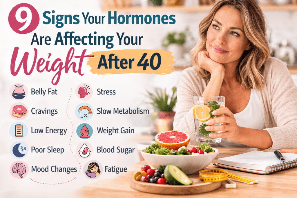 9 Signs Your Hormones Are Affecting Your Weight After 40 including belly fat, cravings, low energy, poor sleep, and slow metabolism in women over 40