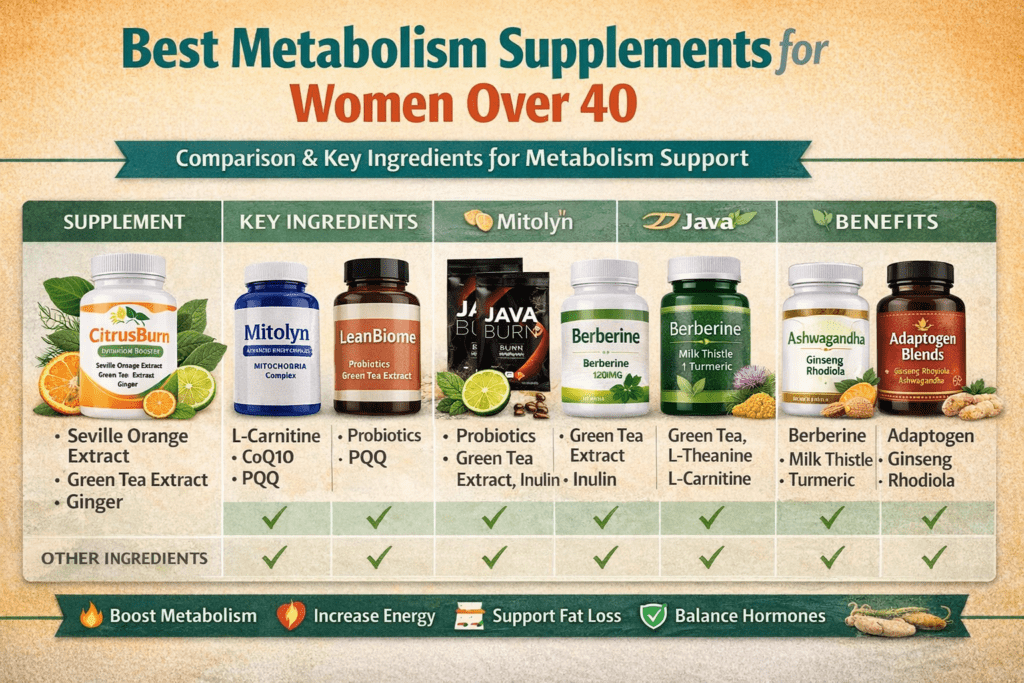Best Metabolism Supplements for Women Over 40 comparison infographic with metabolism support ingredients