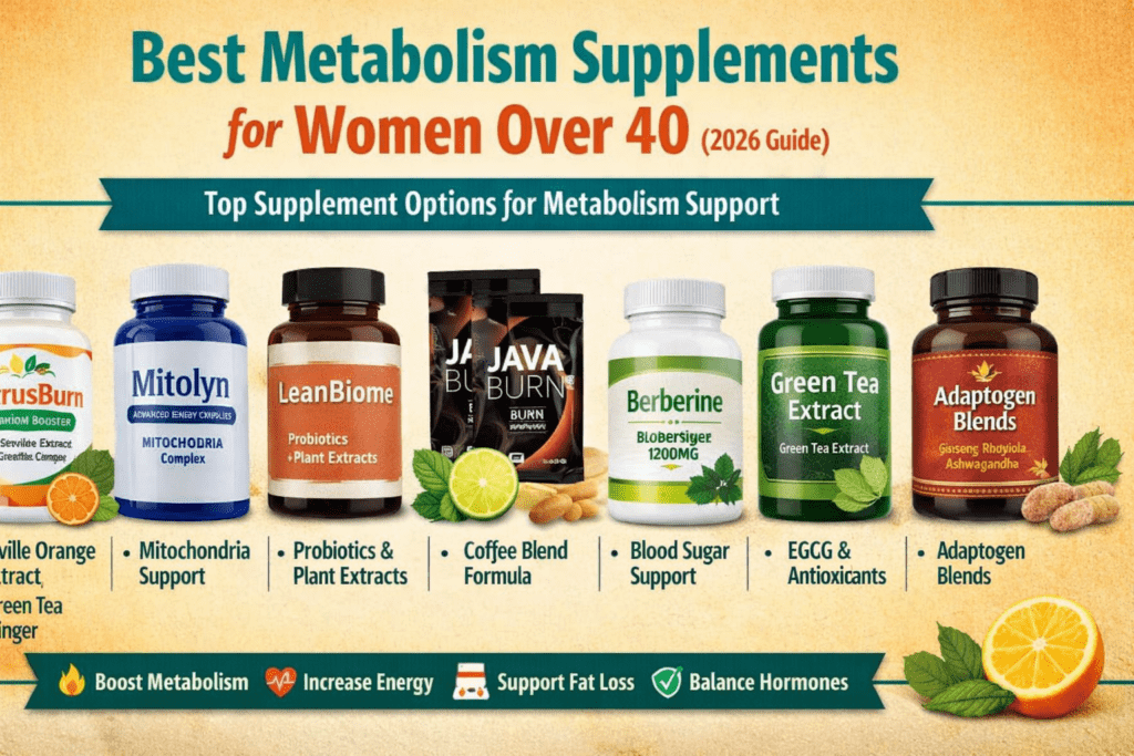 Best Metabolism Supplements for Women Over 40 infographic showing popular metabolism support supplements