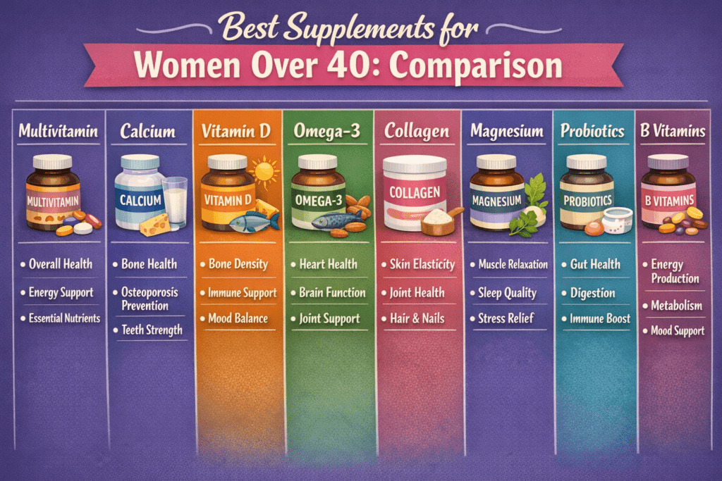 Best Supplements for Women Over 40 daily routine showing simple supplement schedule