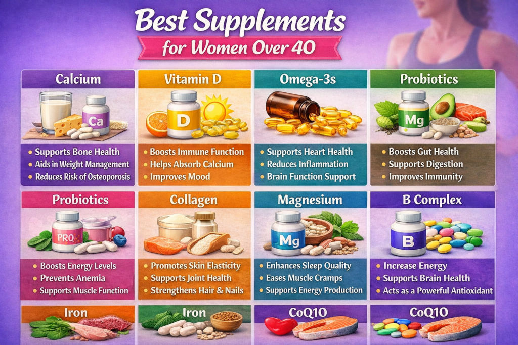 Best Supplements for Women Over 40 infographic showing key nutrients for metabolism support