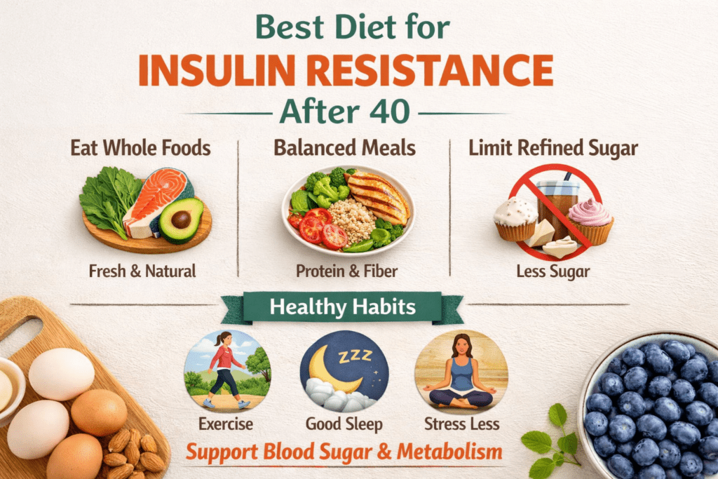 Best diet for insulin resistance after 40 infographic showing whole foods balanced meals healthy habits and reduced sugar for blood sugar support