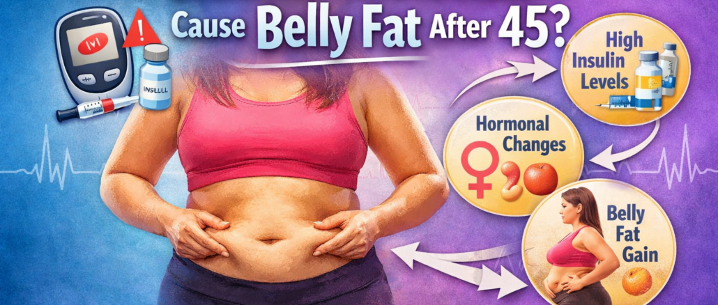 Can insulin resistance cause belly fat after 45 infographic showing hormonal changes, high insulin levels, and metabolism slowdown linked to abdominal fat in midlife women.