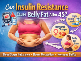 Can insulin resistance cause belly fat after 45 infographic showing hormonal changes, high insulin levels, and metabolism slowdown linked to abdominal fat in midlife women.