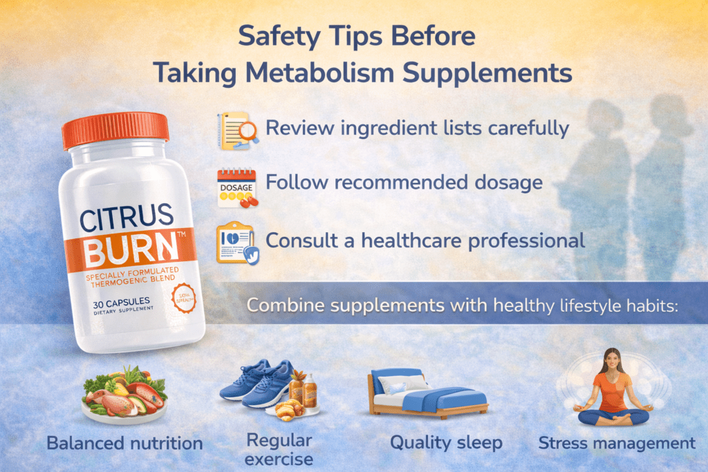 CitrusBurn Side Effects safety tips infographic showing supplement precautions and healthy lifestyle habits