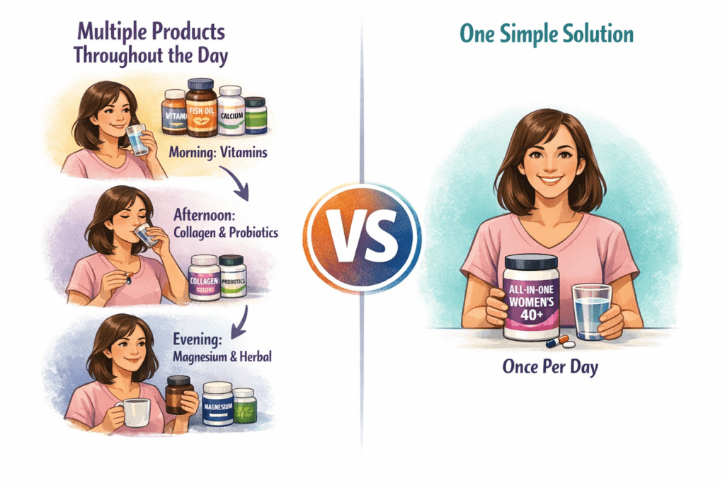 Comparison of multiple daily supplements vs one all-in-one supplement for women over 40, showing morning, afternoon, and evening routines versus a simple once-daily solution.