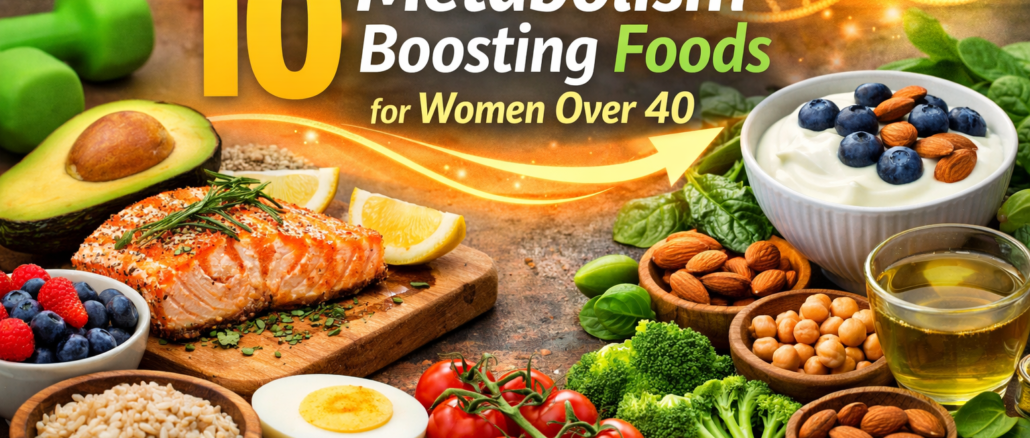 Healthy metabolism boosting foods for women over 40 such as salmon, avocado, berries, eggs, yogurt, nuts, and vegetables.