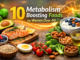 Healthy metabolism boosting foods for women over 40 such as salmon, avocado, berries, eggs, yogurt, nuts, and vegetables.