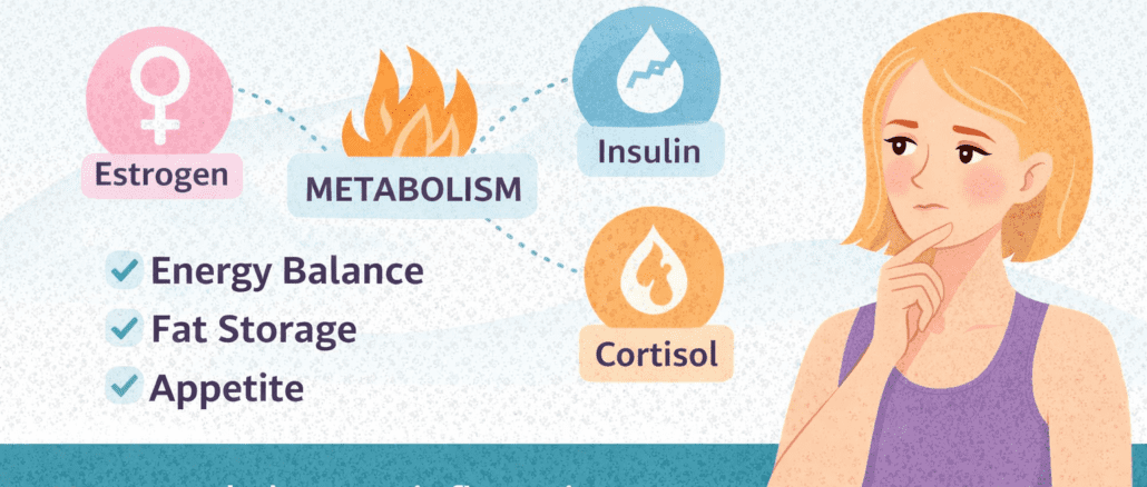 How Hormones Affect Metabolism After 40 infographic showing estrogen, insulin, and cortisol influences on energy balance, appetite, and fat storage in midlife women