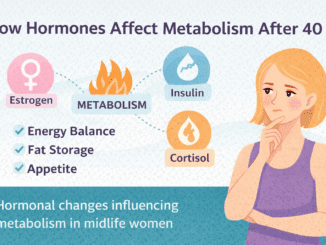 How Hormones Affect Metabolism After 40 infographic showing estrogen, insulin, and cortisol influences on energy balance, appetite, and fat storage in midlife women