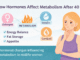 How Hormones Affect Metabolism After 40 infographic showing estrogen, insulin, and cortisol influences on energy balance, appetite, and fat storage in midlife women
