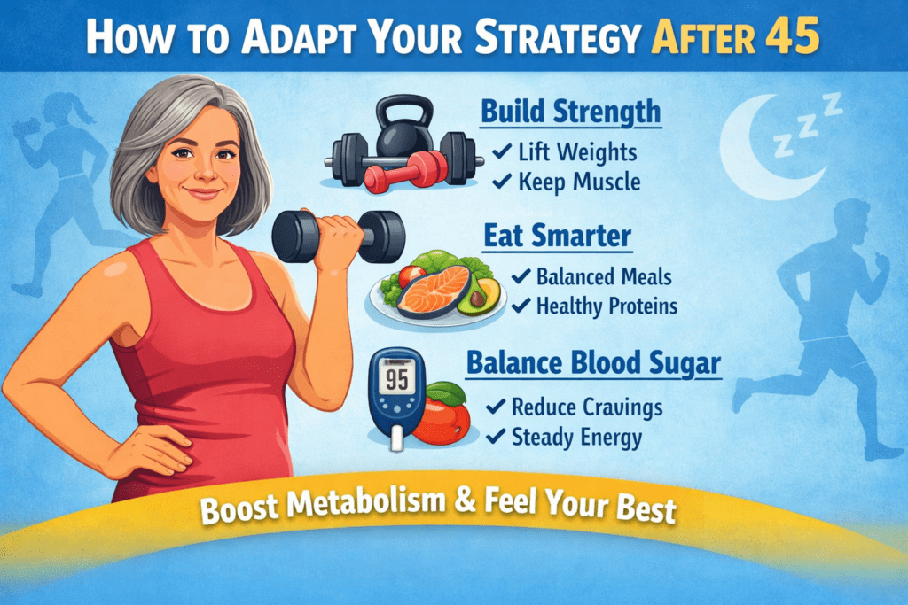 How to adapt your strategy after 45 infographic showing strength training, healthy eating, and blood sugar balance for women