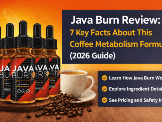 Java Burn Review coffee metabolism supplement bottles with coffee cup and beans infographic