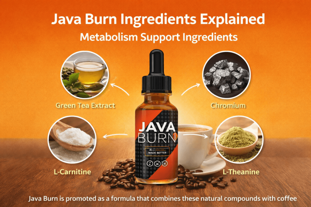 Java Burn ingredients explained infographic showing green tea extract, L-carnitine, chromium, and L-theanine metabolism support ingredients