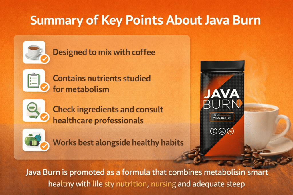 Java Burn review summary infographic showing key points including coffee compatibility, metabolism support ingredients, and healthy lifestyle habits