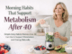 Morning habits that support metabolism after 40 – woman preparing a healthy smoothie with berries, avocado, and yogurt in a bright kitchen