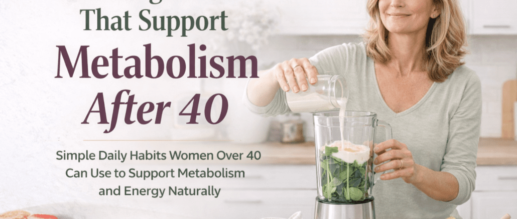 Morning habits that support metabolism after 40 – woman preparing a healthy smoothie with berries, avocado, and yogurt in a bright kitchen
