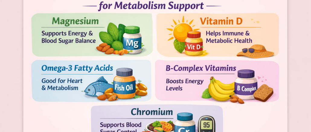 The Best Supplements for Women Over 40 for Metabolism Support infographic showing key nutrients