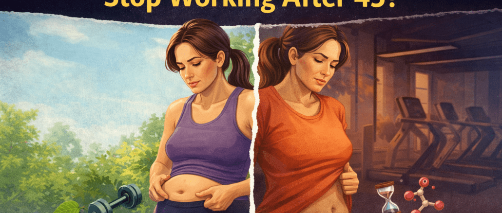 Why Diet & Exercise Stop Working After 45 infographic showing metabolism changes and belly fat in women over 45