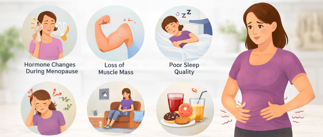 Why insulin resistance increases after 45 infographic showing hormone changes, muscle loss, sleep problems, stress, inactivity, and diet effects on blood sugar.