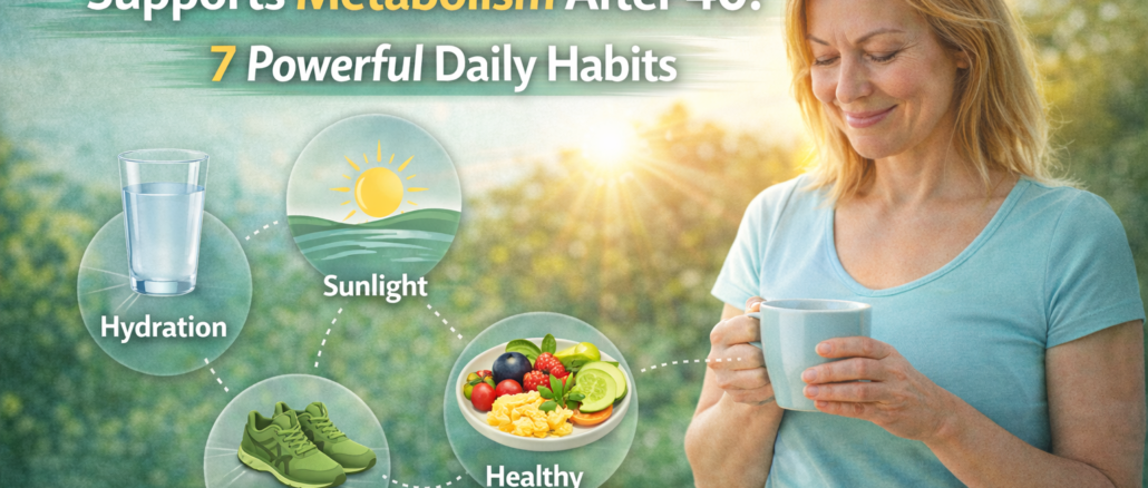 Woman enjoying a healthy morning routine that supports metabolism after 40, showing hydration, sunlight, exercise, and a healthy breakfast as daily habits for metabolic health.