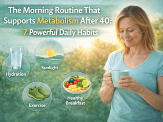 Woman enjoying a healthy morning routine that supports metabolism after 40, showing hydration, sunlight, exercise, and a healthy breakfast as daily habits for metabolic health.