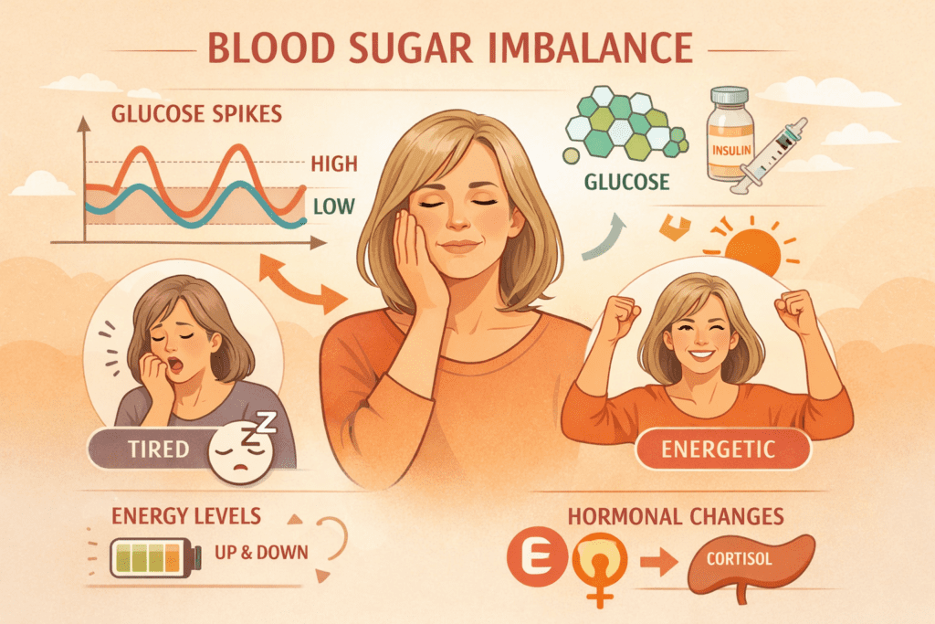 Illustration of a midlife woman showing blood sugar imbalance with glucose spikes, insulin, energy fluctuations, and hormonal changes