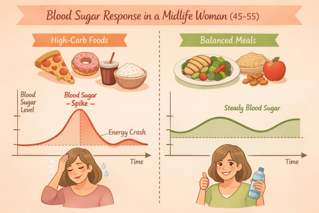 Infographic showing blood sugar spike after high-carb foods versus stable blood sugar after balanced meals in a woman aged 45–55