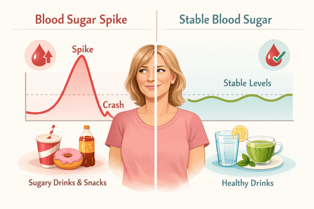 Blood sugar spike vs stable levels in women over 45 showing effects of sugary drinks compared to healthy beverages