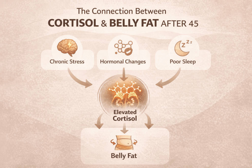 Infographic showing how chronic stress hormonal changes and poor sleep increase cortisol leading to belly fat after 45