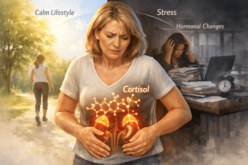 Midlife woman holding abdomen with cortisol hormone overlay showing adrenal glands and stress impact on belly fat