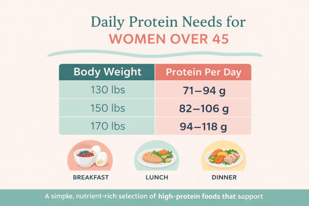 Infographic showing daily protein needs for women over 45 with body weight to protein grams chart and meal examples for breakfast, lunch, and dinner
