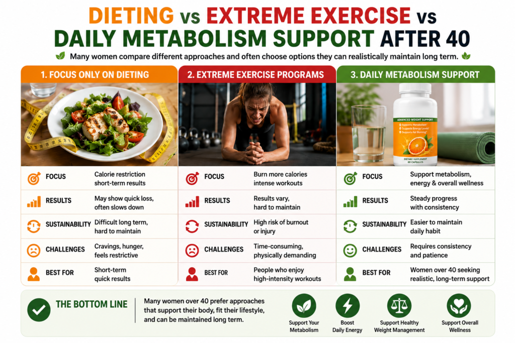Comparison infographic showing dieting, extreme exercise programs, and daily metabolism support approaches for women over 40, highlighting differences in sustainability, results, and long-term consistency.