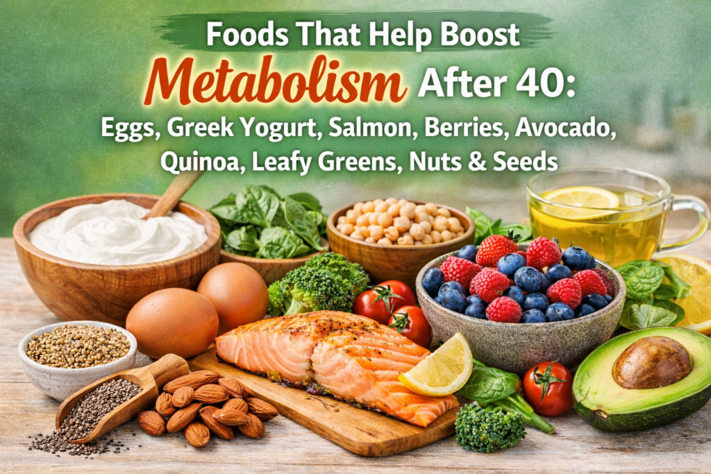 what foods help boost metabolism after 40 eggs salmon berries yogurt avocado leafy greens nuts seeds