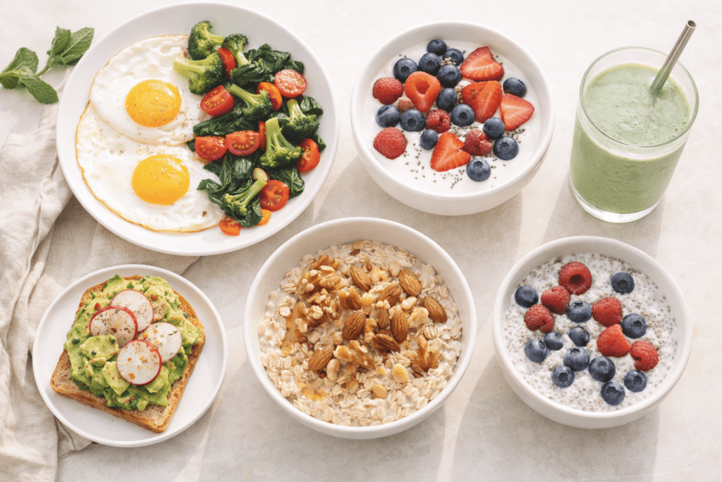 Healthy breakfast flat lay with eggs vegetables Greek yogurt berries oatmeal nuts avocado toast chia pudding and smoothie for blood sugar balance