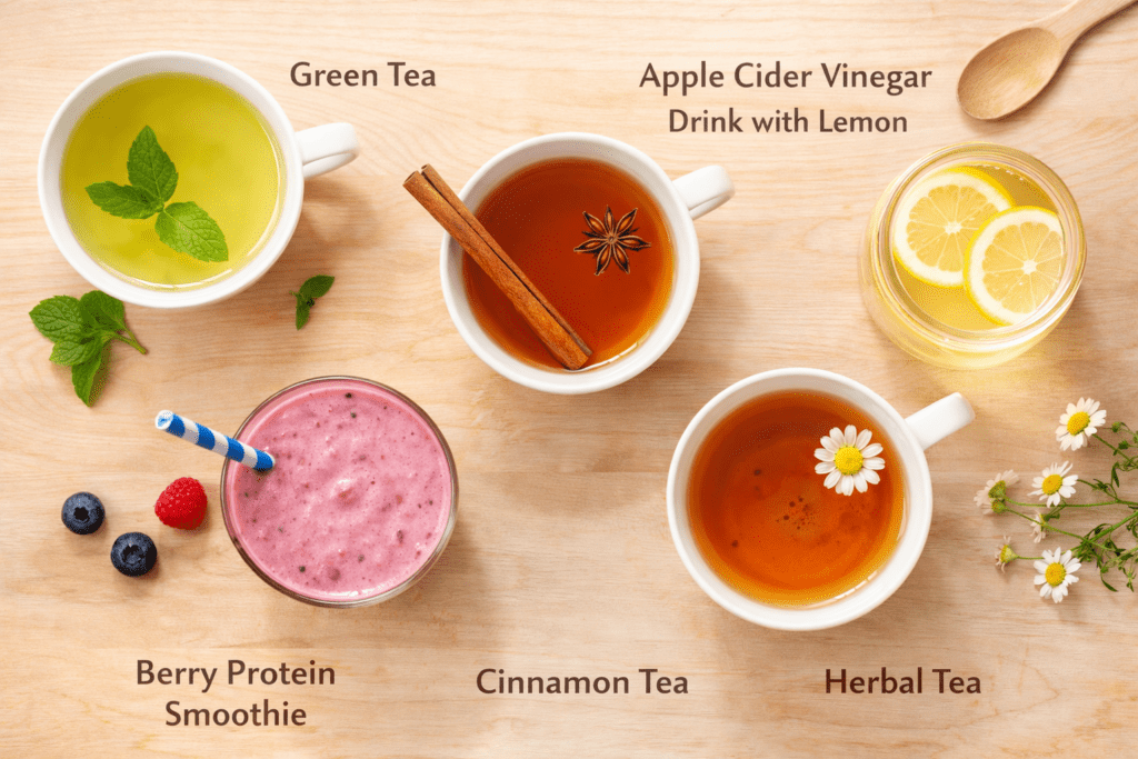 healthy drinks for blood sugar control including green tea cinnamon tea apple cider vinegar lemon drink berry protein smoothie and herbal tea