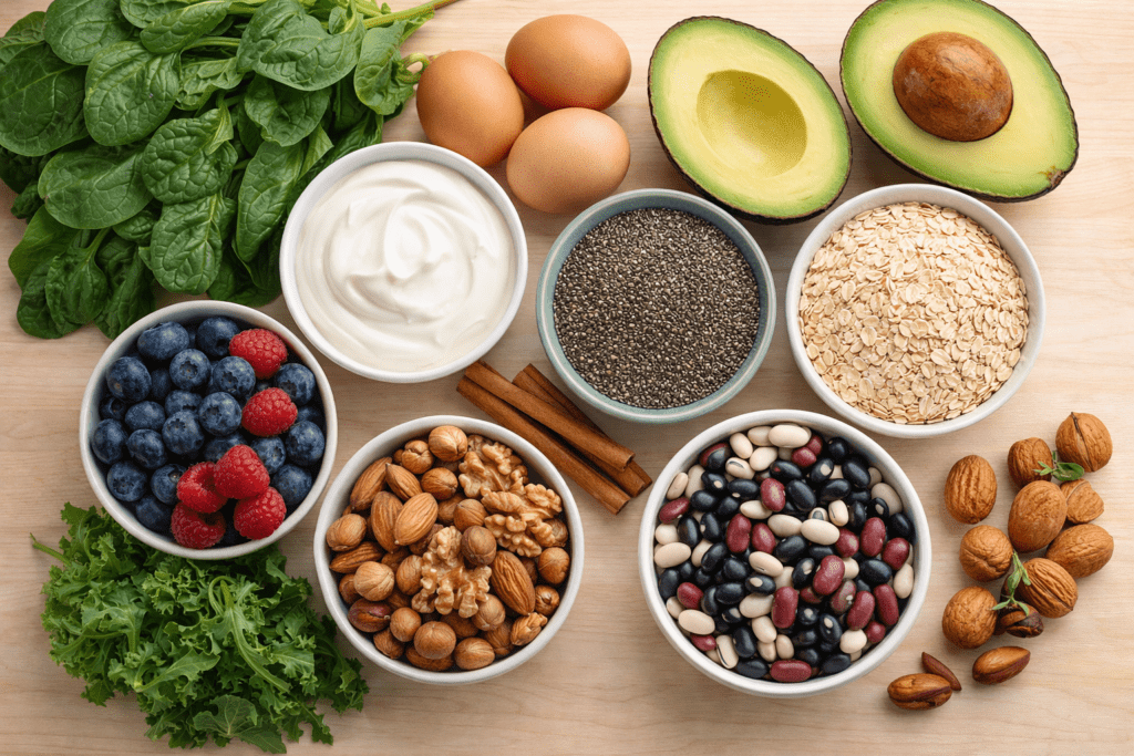Flat lay of healthy foods like leafy greens, eggs, chia seeds, Greek yogurt, berries, avocado, oats, nuts, beans, and cinnamon for blood sugar balance