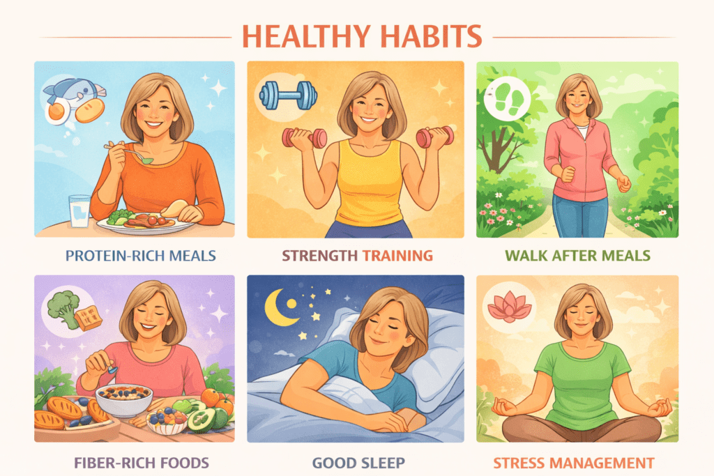 Grid-style infographic showing healthy habits for women over 45 including protein meals, strength training, walking, fiber foods, sleep, and stress management